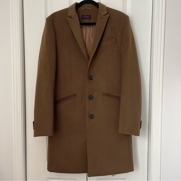 NWOT Vizoni Uomo Camel Tan Wool Coat Peacoat Single Breasted - Picture 3 of 8